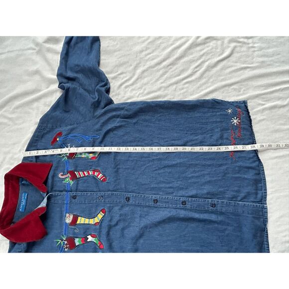 Karen Scott Happy Holidays 100% Cotton Denim Christmas Button Down Size 1X - Picture 3 of 9